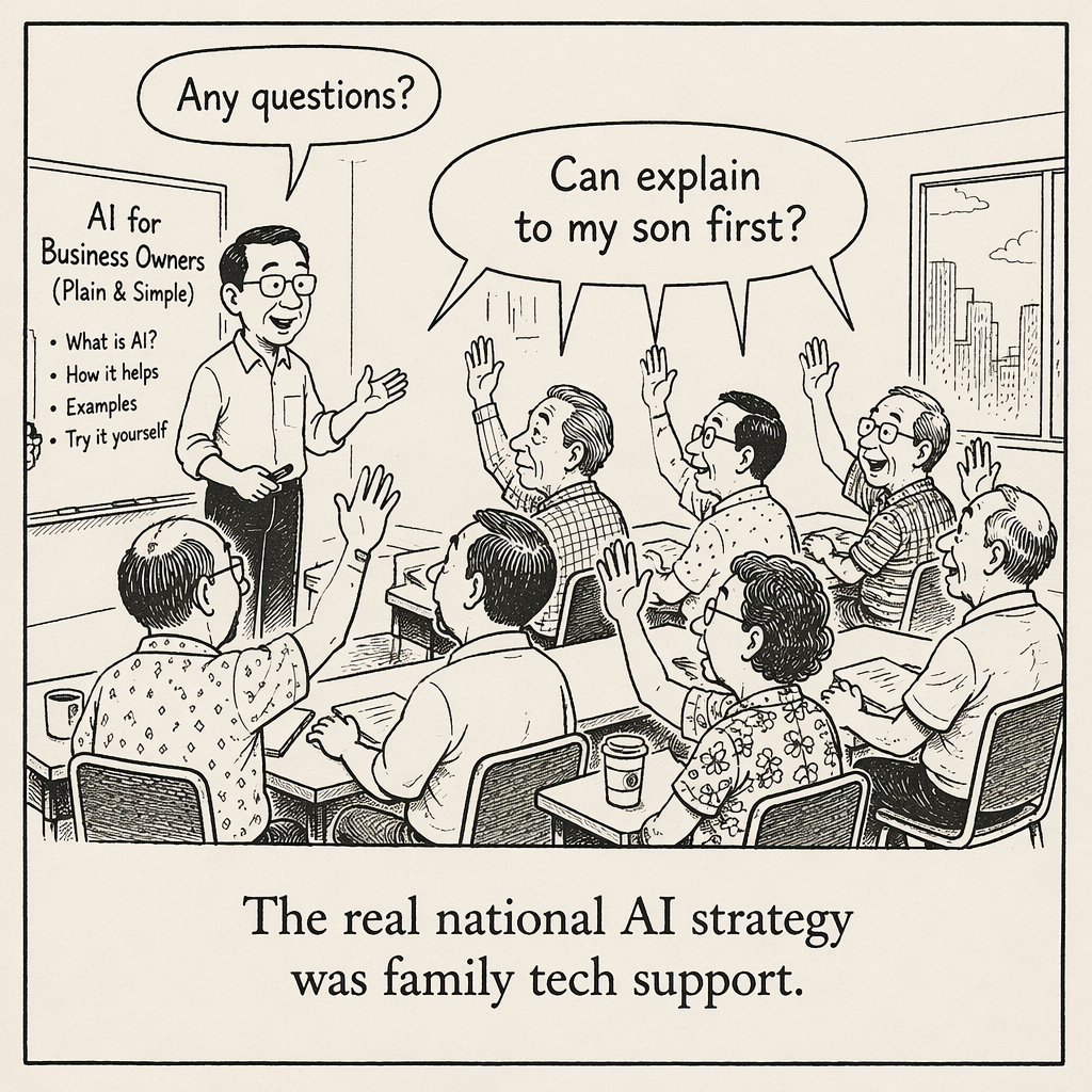 Newspaper-style cartoon about older Singapore business owners asking for family help with AI